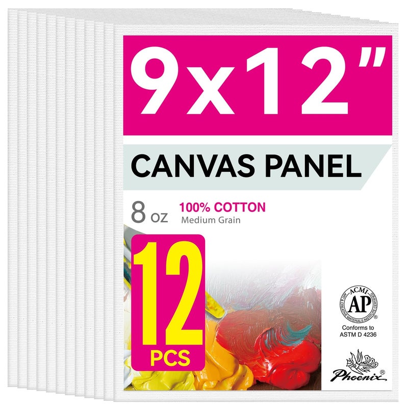 PHOENIX Painting Canvas Panels 9x12 Inch, 12 Value Pack - 8 Oz Triple Primed 100% Cotton Acid Free Canvas Boards for Painting, White Blank Flat Canvas Boards for Acrylic, Oil Paints - Image 1